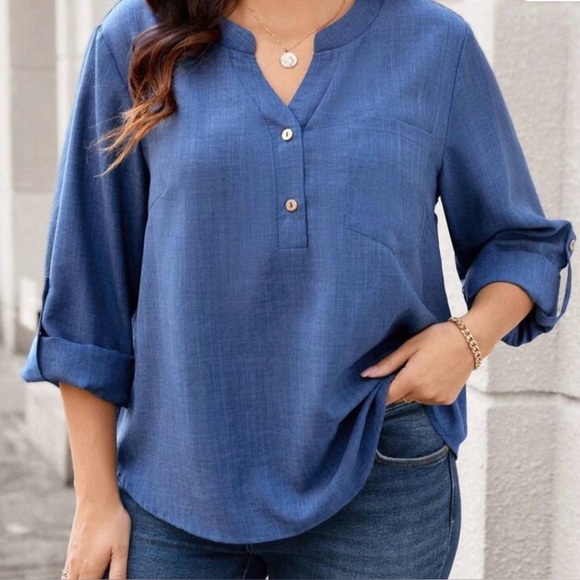 SHEIN Tops - SHEIN Blue V-Neck Button Front Roll-Sleeve Blouse, Size M